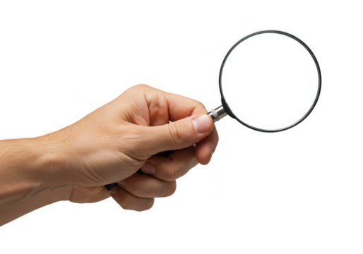 Hand Holding Magnifying Glass on Transparent Background for Inspection