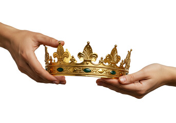 Isolated Golden Crown Being Held in Two Hands on Transparent Background