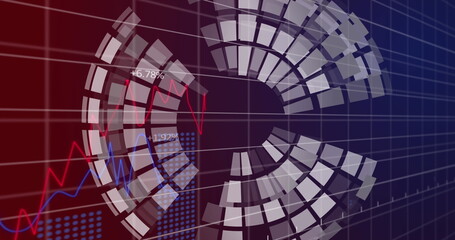 Image of spinning globe over statistical data processing against gradient background