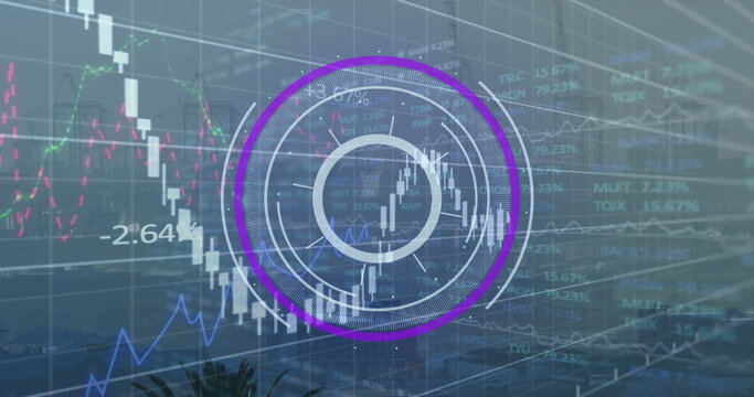 Image of round scanner and financial data processing against aerial view of cityscape