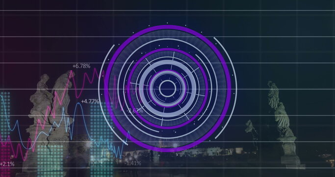 Image of round scanner and statistical data processing against cityscape at night
