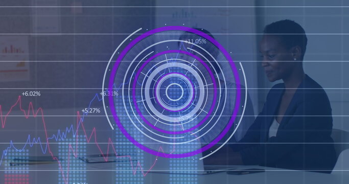 Image of round scanner and statistical data processing over diverse women discussing at office