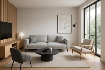 Fototapeta premium An immersive 3D render providing a panoramic view of a sleek and inviting modern living room interior.