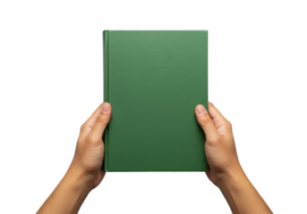 Hands Holding A Green Hardcover Book Isolated Against Transparent Background
