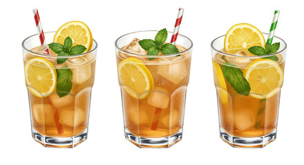Illustration of Three Ice Tea Drink with Lemon and Mint on Transparent