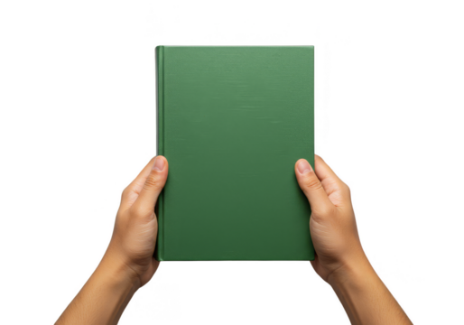 Hands Holding A Green Hardcover Book Isolated Against Transparent Background