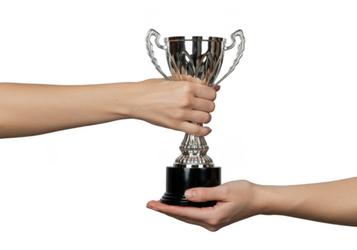 Hands Passing Silver Trophy Cup on Transparent Background