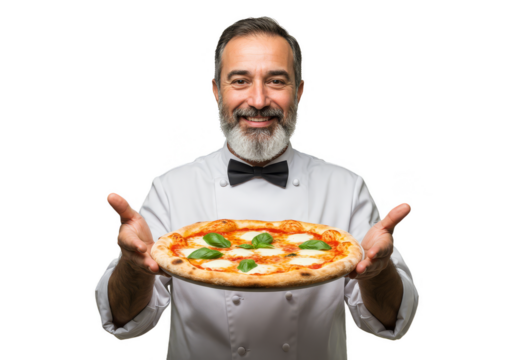 Happy Chef Presenting Pizza on Transparent Background PNG Image