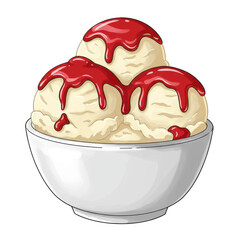 Illustration of Vanilla Ice Cream Scoops with Red Sauce in a White Bowl