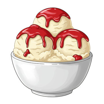 Illustration of Vanilla Ice Cream Scoops with Red Sauce in a White Bowl