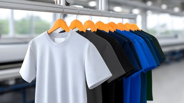 A variety of printed t shirts on display in a print shop  long title An array of colorful t shirts hanging on a rack in a print production