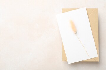Blank invitation card, envelope and dry spike on beige background, top view. Space for text