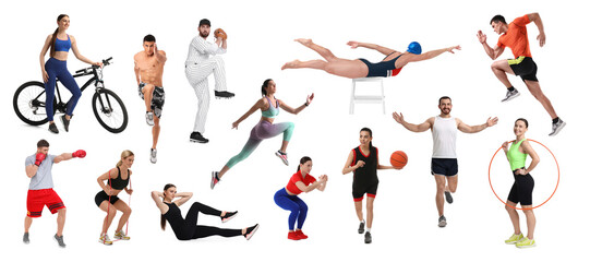People engaged in different sport activities on white background, collage