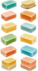 Illustration Assorted Bar Soap for Hygiene with Brush on Transparent Background
