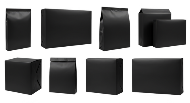 Illustration Assorted Black Packaging Mockup Blank Template on Transparent