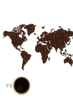 Isolated Illustration Coffee World Map Bean with Cup Transparent Background