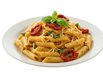 Isolated PNG of Penne Pasta Dish with Tomato Basil and Cheese on Plate