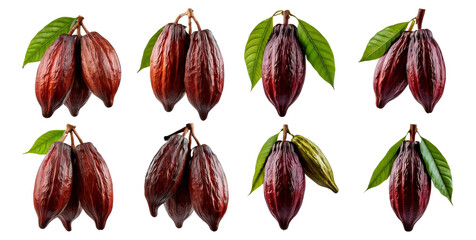 Cacao Pods with Leaves Displayed in Various Arrangements, Isolated on Transparent, white background