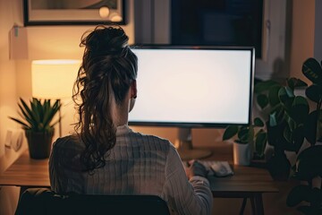 Ultra Hd Image of Back View Woman Using Computer at Night