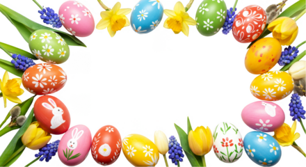 Illustration Easter Eggs with Yellow Daffodils And Tulips Border On Transparent