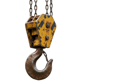 Isolated Illustration of Yellow Crane Hook with Metal Chain on Transparent