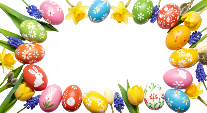 Illustration Easter Eggs with Yellow Daffodils And Tulips Border On Transparent