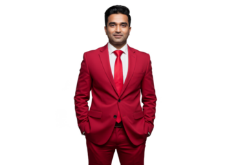 Isolated Portrait of Man in Red Suit with Tie on Transparent Background