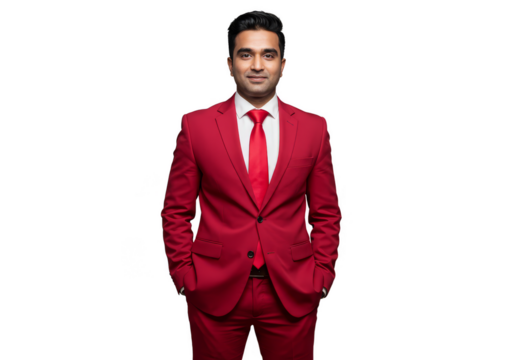 Isolated Portrait of Man in Red Suit with Tie on Transparent Background