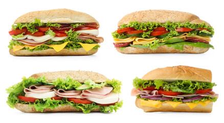 Delicious baguette sandwiches with different fillings isolated on white, collage