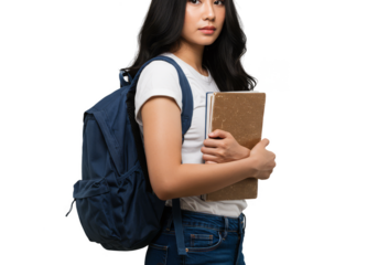 Isolated Portrait of Student with Backpack and Books on Transparent BG