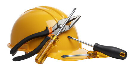Illustration of Yellow Hard Hat with Construction Tools on Transparent Background