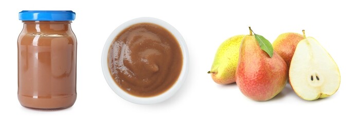 Baby food. Pear puree and fresh fruits on white background, collage