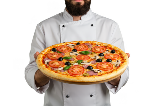 Isolated Image of Chef Holding Pizza with Tomato Olives and Mushroom