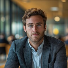 Confident Young European Businessman in Casual Designer Attire. Portrait in Creative Office Interior with Natural Light and Inspiration