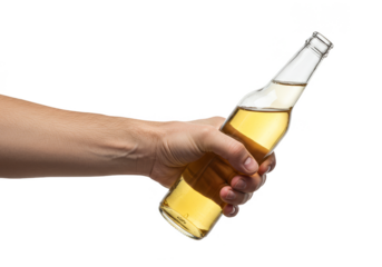 Illustration Hand Holding Refreshment Golden Beer Bottle with transparent background