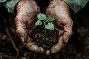 Hands holding a seedling with soil, representing growth and care. use cases: agriculture, environmental projects, and nature photography.