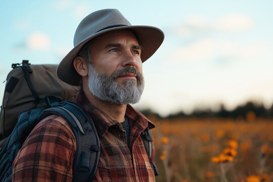 Outdoor Adventure. Portrait of a Mature Man with Backpack and Hat Hiking in Scenic Nature at Sunset - Healthy Lifestyle and Exploration