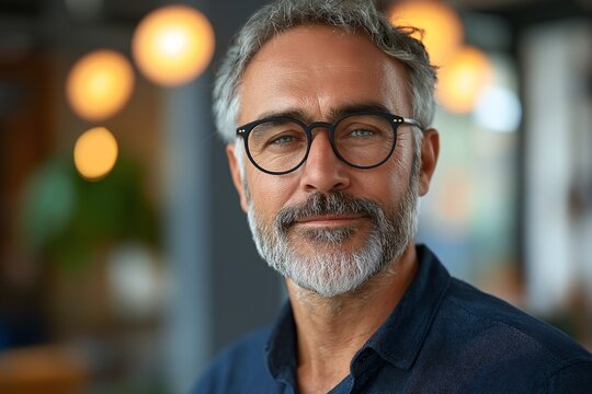 Smiling Middle-Aged Man with Gray Hair and Bearded Face in Casual Attire. A Lifestyle Portrait in a Stylish Indoor Coffee Shop Setting