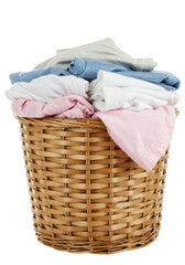 Isolated Photo of Woven Laundry Basket Filled With Folded Clean Clothes