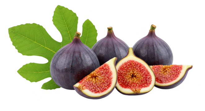 Isolated Background of Ripe Figs with Green Leaf on Transparent BG