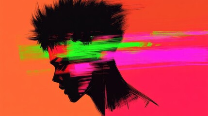 Obraz premium Vivid portrait Black silhouette, colorful strokes over orange background