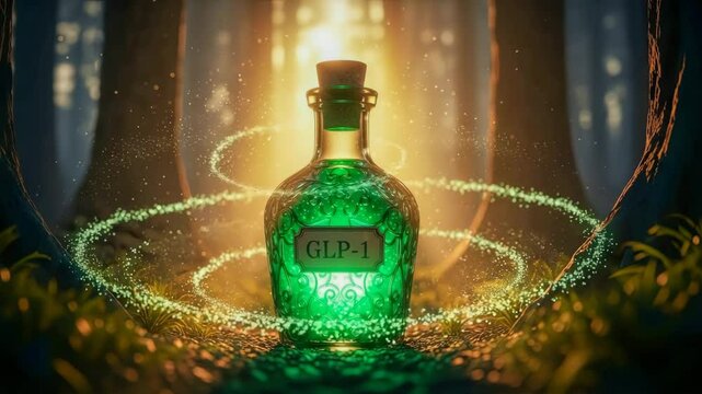 Mystical elixir emits golden swirls of light on mossy ground between towering trees under warm ethereal sunlight. 