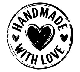 Handmade with Love distressed drawing style circle stamp style logo with hearts