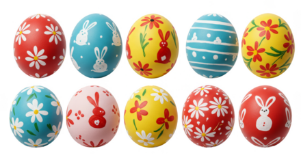 Isolated PNG Easter Eggs with Rabbits and Floral Decoration in Colors