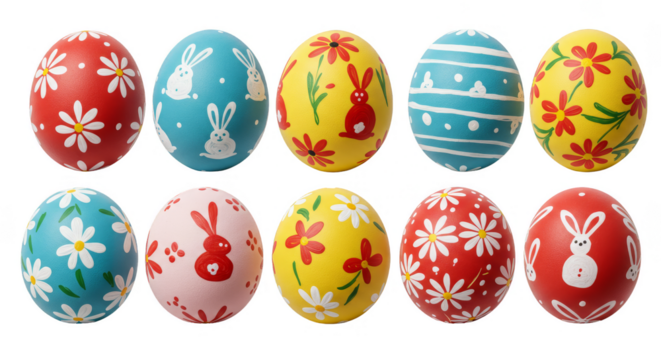 Isolated PNG Easter Eggs with Rabbits and Floral Decoration in Colors