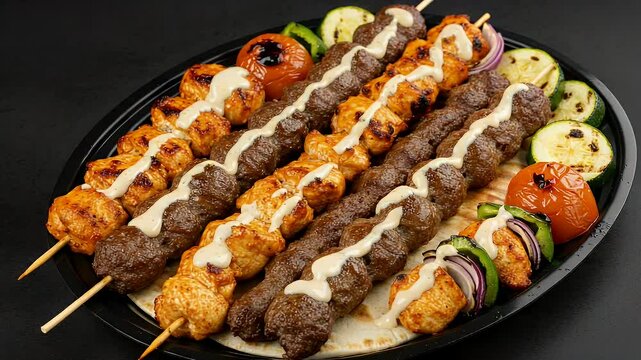 Kabob skewers arranged on platter rotates slowly
