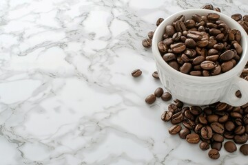 Premium Quality Visual of a White Cup of Roasted Coffee Beans on Marble Background