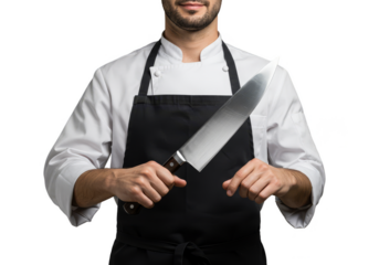 Isolated PNG of Chef Holding Sharp Knife with Black Apron In Studio