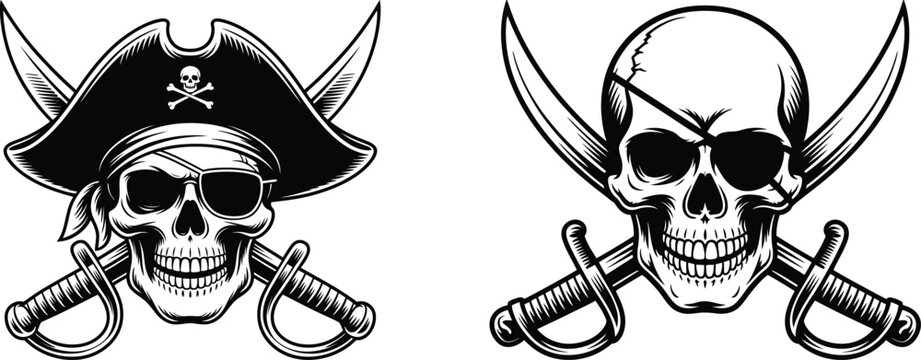 Pirate Skull and Crossed Swords Clipart &ndash; Black and White Vintage Buccaneer Illustration Set