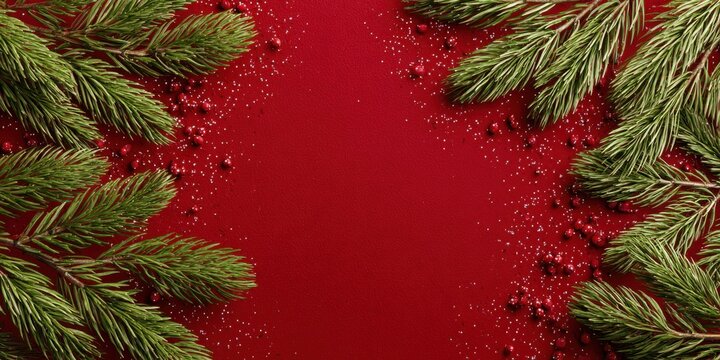 Red festive background with pine branches and red berries, perfect for holiday and seasonal themes.